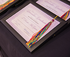 Lavender Graduation certificate and rainbow mortarboard tassel